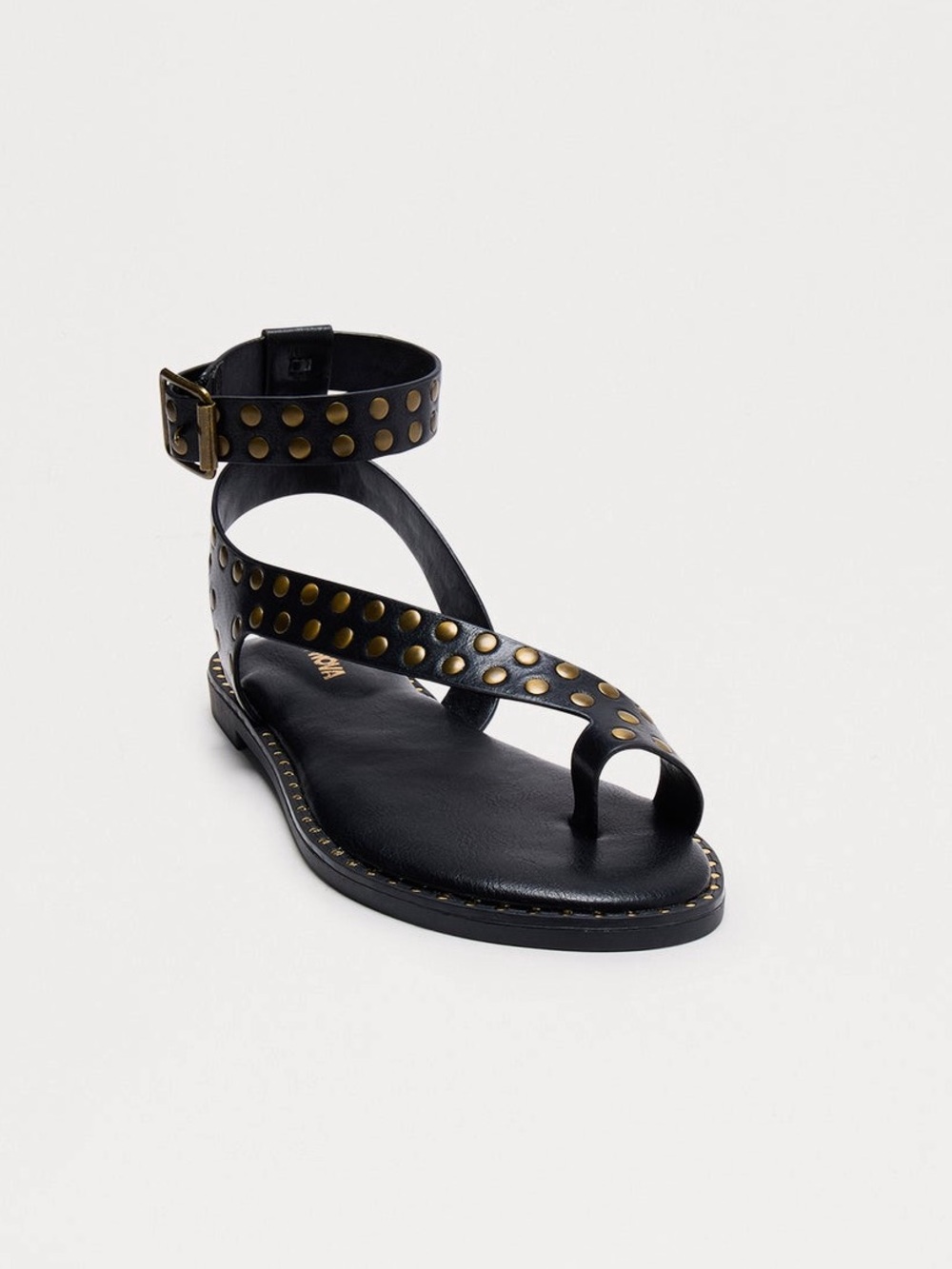 Studded Black Ankle-Strap Toe Ring Sandal 7